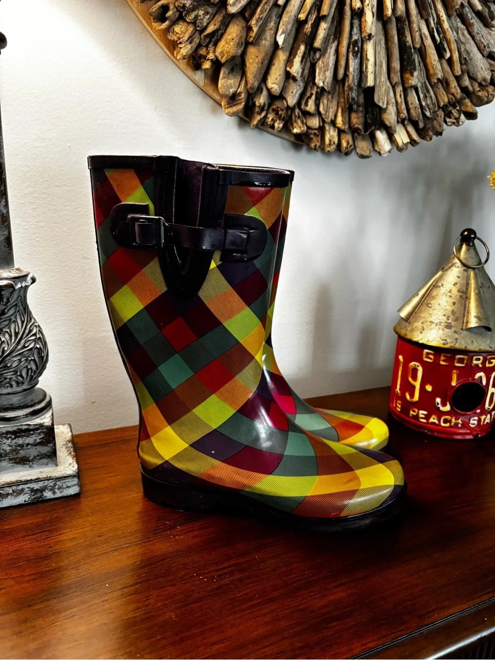 Women’s Merino Colorful Plaid Rain Boots weatherproof rainy day Size 8